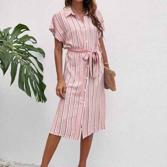 SHEIN Dresses & Skirts - SHEIN Pink White Gray stripe belted Dolman Sleeve Midi shirt Dress medium‎